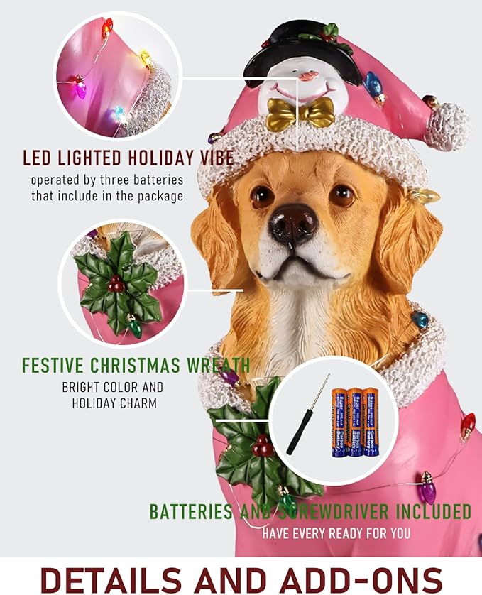 Christmas Outdoor Decoration Dog Statue, LED Light Cute Golden Retriever Dog Sculpture with Pink Santa Outfit & Lights for Garden and Yard, Indoor Holiday Décor Gift for mom and dad