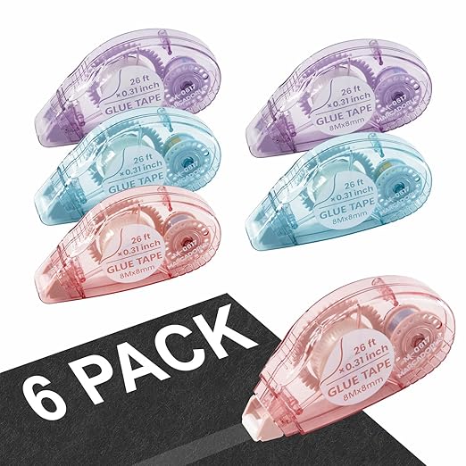 Double Sided Tape for Crafts, Pack of 6 Glue Tape Roller, 26 Ft x 0.31 in Scrapbook Tape, Tape Runner for Scrapbooking Supplies, Office, School, Craft Supplies and Journaling Supplies.