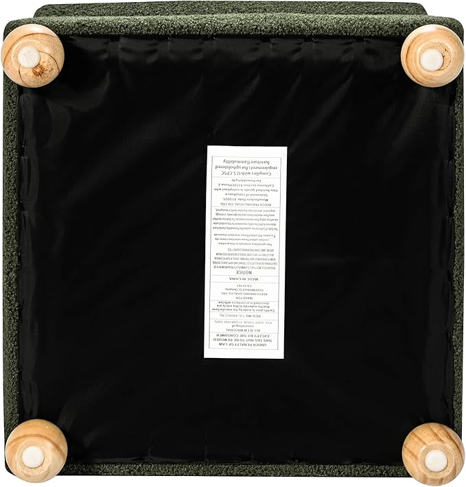 Adeco 17 Inch Soft Dark Green Cube Ottoman Storage, Teddy Velvet Chair Foot Stools, Upholstered Vanity Stool with Hinged Lid, Solid Round Wood Legs