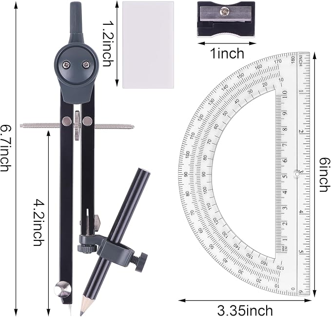 Professional Compass for Geometry Set, Metal Compass with Wheel and Lock for Geometry, Drawing Compass Tool, Circle Drafting Tool, and 6 Inch Math Protractors 180 Degree (Black)