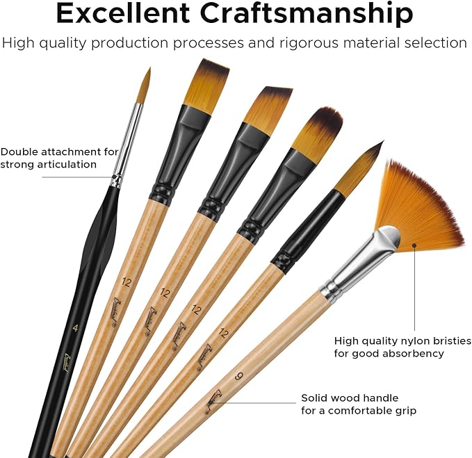 Bougimal 32 Pcs Paint Brush Set, Artist Paint Brushes for Acrylic Painting, Oil, Watercolor, Gouache, with Flat Round Filbert Fan Angle Detail Brush, Suitable for Artists and Beginners