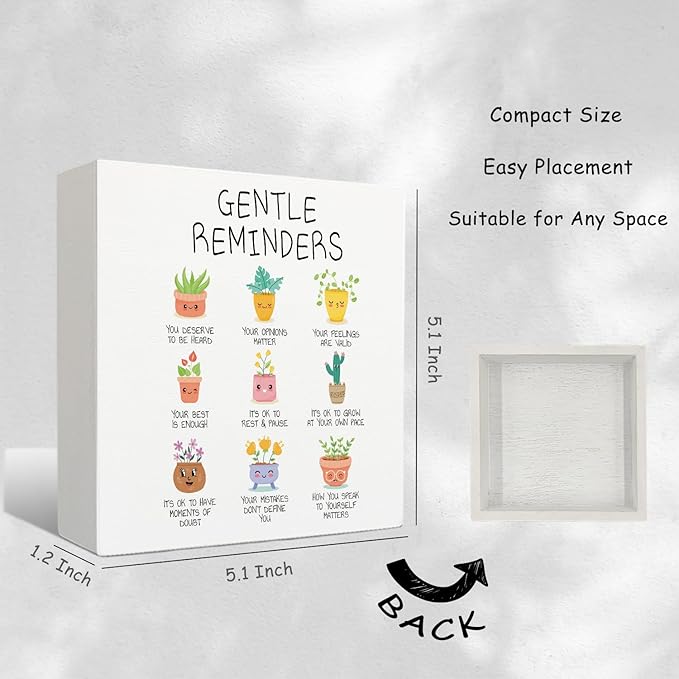 Mental Health Wooden Signs - Gentle Reminders Wooden Box Sign, Inspirational Potted Plant Desk Sign, Therapy Office Decor, Motivated Gifts, 5 X 5 Inches