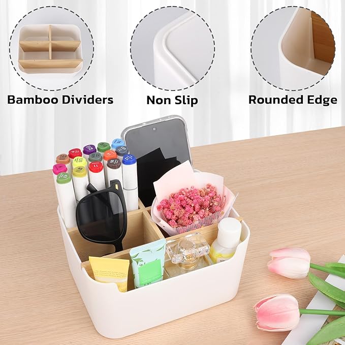 Segarty Desk Storage Box, Divided Bamboo Desktop Organizer, Pencil Holder, Detachable Pen Holder, Remote Control Holder, Cell Phone Box, Modern Wooden Desk Side Organizer for Office Home Accessories