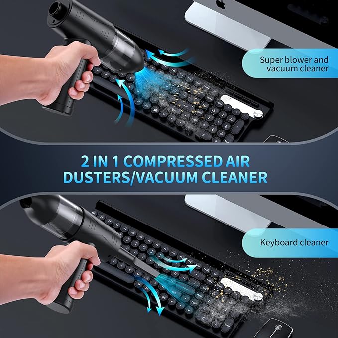 Electric Air Duster & Vacuum Cleaner 2-in-1, 110000RPM Keyboard Cleaner for PC, No Canned Air - Compressed Air Duster, Blower, Turbo Fan, Battery Powered, Refillable, PC Cleaning Kit