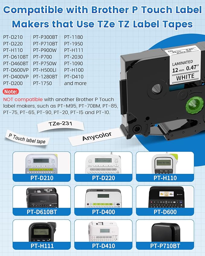 Anycolor Replace for Brother Label Maker Tape TZe TZ Tape 12mm 0.47 Laminated Color P Touch Label Tape for Brother PT-D210 PT-H110 PT-D220 PT-D610BT PT-D600, White/Orange/Red/Blue/Yellow/Green, 6-Pack