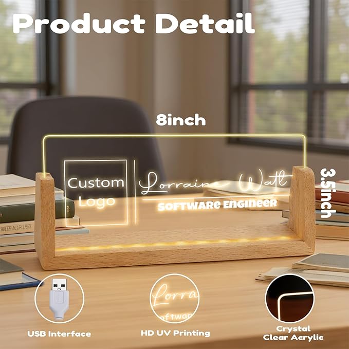 Custom Desk Name Plate,Light Up Acrylic Office Sign, Personalized Gift for Boss Coworker Teacher, Employee Appreciation Award, Home Office Decor