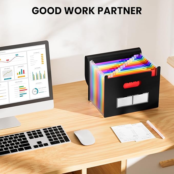 Sooez Accordion File Organizer, 13 Pockets Expanding File Folder, Portable Monthly Paper Bill Tax Receipt Organizer, Letter A4 Size Document Holder with Blank Labels, Black
