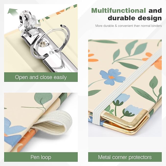 Ospelelf Binder 3 Ring 1 Inch, Round Ring Clipboard Binder for Letter Size Paper with 5 Tab Dividers, for School and Office Supplies, Yellow Floral