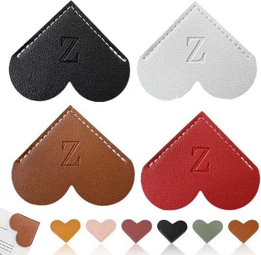 Personalized Leather Heart Bookmark, 26 Letters Customized Corner Book Mark for Reading, Book Holder Markers with Initials Page Book Accessories Cute Gifts (Black+White+Dark Brown+Red,Z)