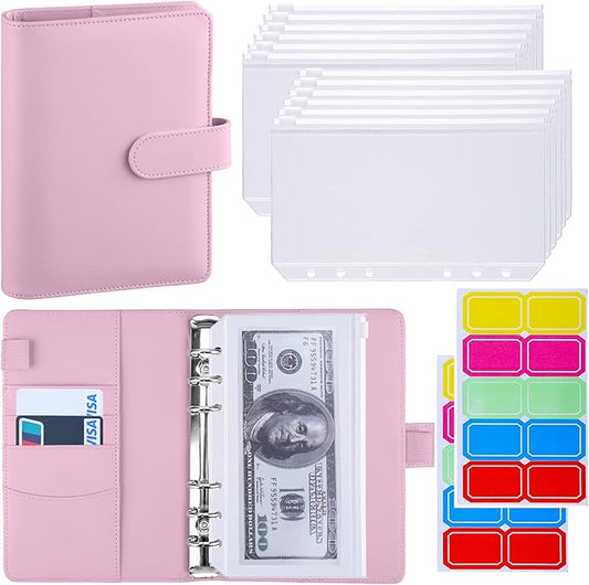Antner A6 Budget Binder with Zipper Cash Envelopes for Money Organizer & Budgeting, PU Leather Budget Planner Money Saving Binder with Cash Stuffing Envelopes & Labels for Home Office Travel, Pink