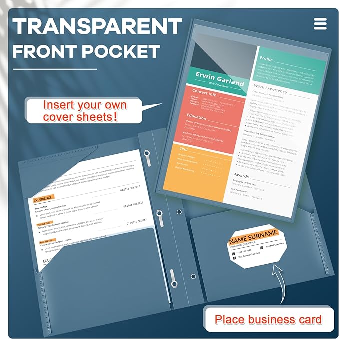 Henoyso 18 Pcs Plastic Folder with Clear Front Pocket and 3 Prong Plastic Folders with Card Slot Pocket Folders with Prongs for School Office (Navy Blue)