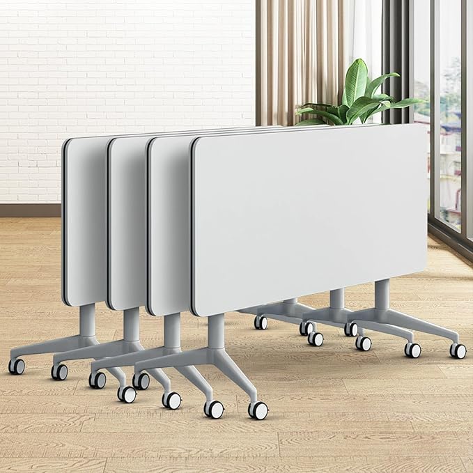 Folding Conference Table, Modern Large Conference Room Tables with Flip-Top Design, Foldable Conference Table Meeting Table with Wheels, Mobile Seminar Training Tables for Office Classroom (4, White)