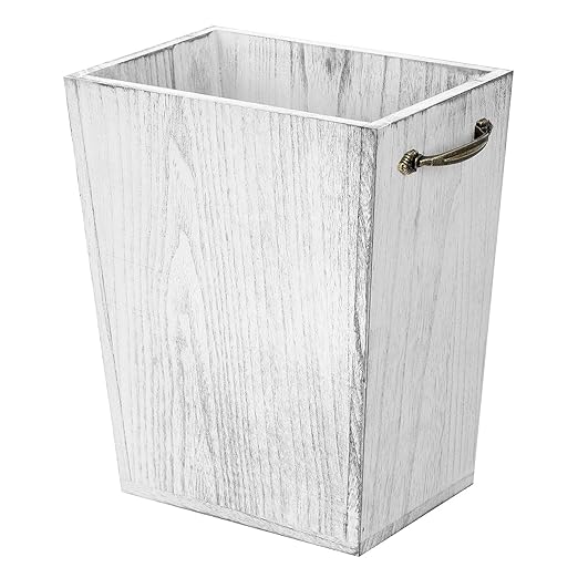 Wood Wastebasket Trash Can Rustic Farmhouse Square Garbage Container Bin with Decorative Metal Handle for Bedroom, Living Room, Bathroom & Office