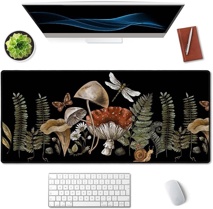 SSOIU Cute Witch Magic Mushroom Forager Fern Desk Mat, Boho Extended Mouse Pad, Extra Large Gaming Desk Pad Non-Slip Water-Resistant Rubber Base Computer Keyboard Mouse Mat, 35.5 x 15.7-inch