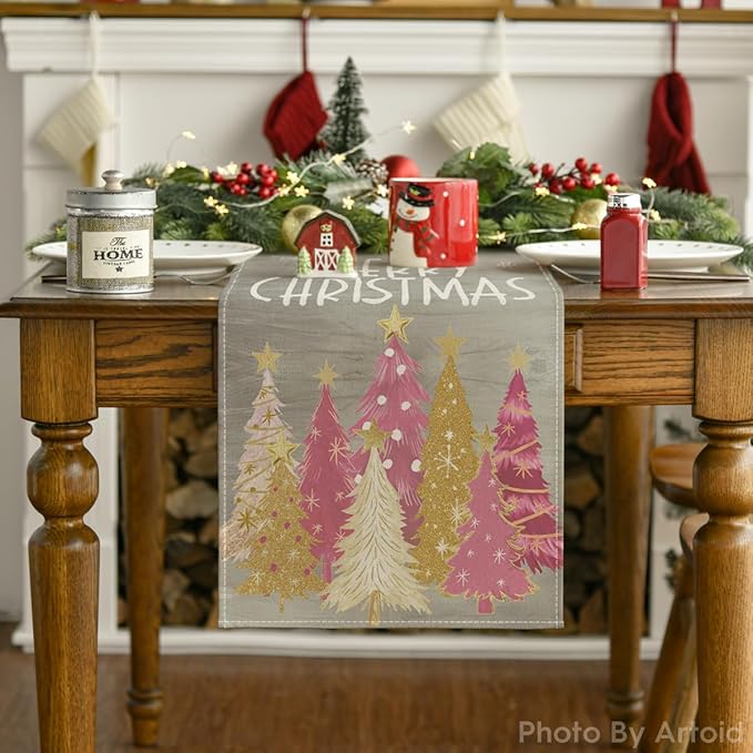 Artoid Mode Xmas Trees Snowflakes Gray Pink Merry Christmas Table Runner, Winter Seasonal Kitchen Dining Table Decoration for Home Party Decor 13x72 Inch