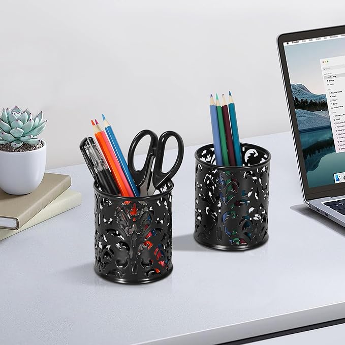 EasyPAG Metal Round Pencil Holder 2 Pack Black Pen Cup Holders Organizer for Desk