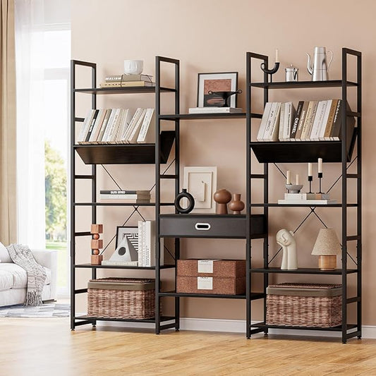 NUMENN Bookcases and Bookshelves Triple Wide 5 Tier Bookshelf, Large Etagere Bookshelf with Storage Drawer, Adjustable Open Display Shelves for Living Room, Bedroom, Home Office, Black