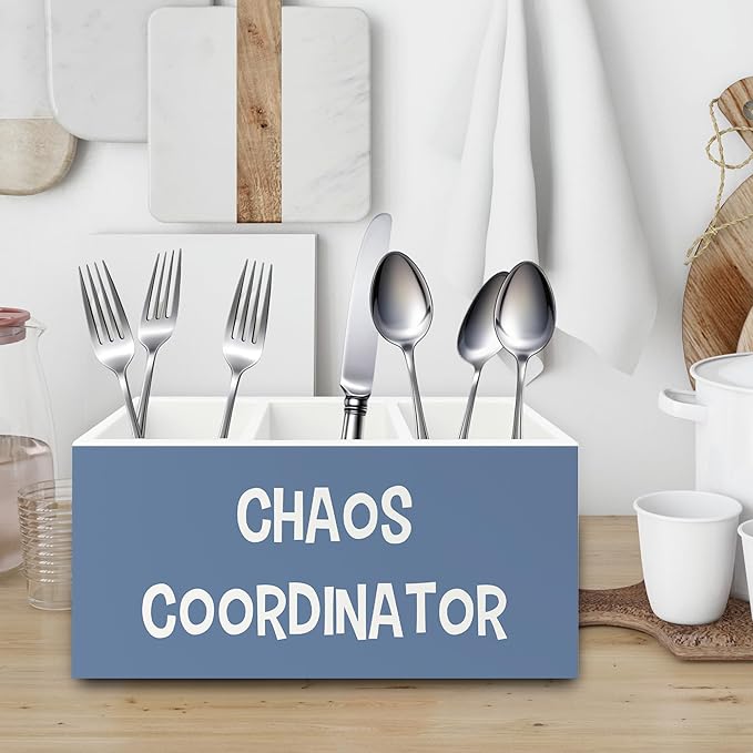 Chaos Coordinator Blue Pen Pencil Holder Organizer for Desk, Thank You Gifts for Women Men Coworkers Boss Leader Manager, Appreciation Gifts Wooden Box Sign for Office Tabletop Decorations