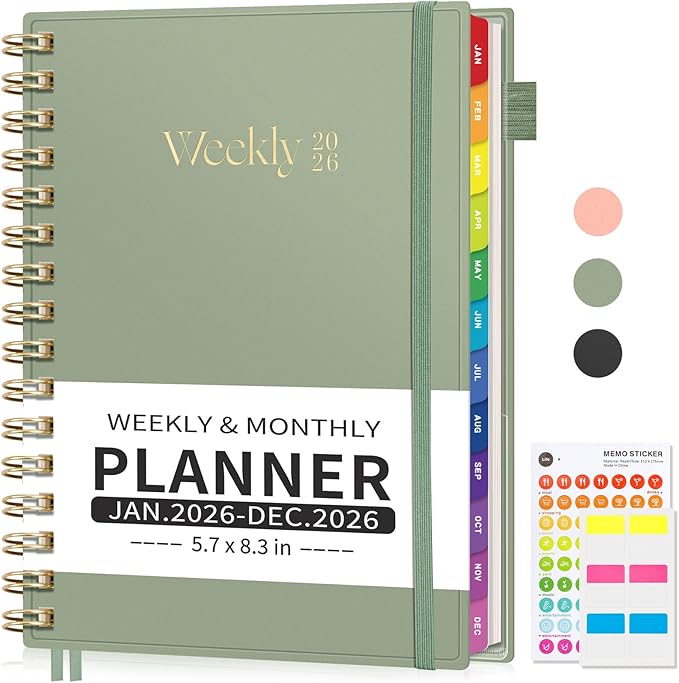 EMSHOI 2026 Planner - Weekly and Monthly Calendar (Jan-Dec), A5 (5.7"x8.3") Hardcover, 100GSM Thick Paper, PVC Cover, Inner Pocket, Colorful Tabs, Note Pages for Work School Home, Light Green
