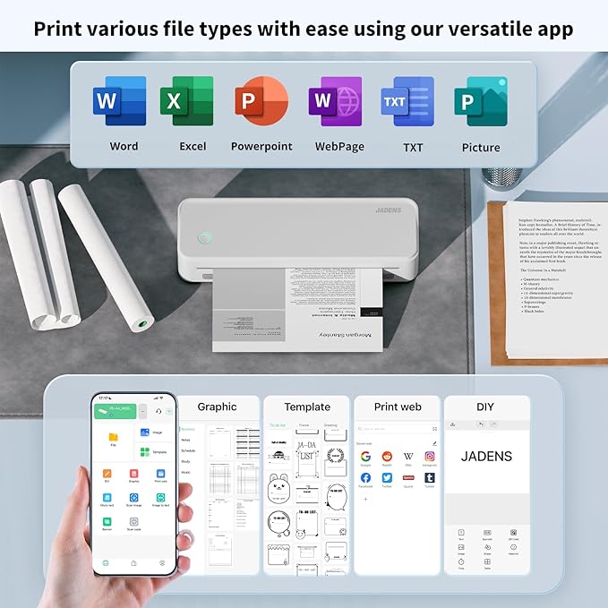 JADENS Portable Printers Wireless for Travel, Thermal Inkless Printer, Support 8.5" X 11" Thermal Paper, Compatible with iOS, Android & Laptop