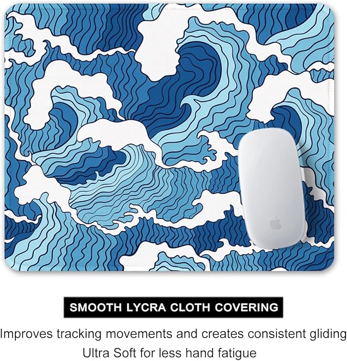 Auhoahsil Mouse Pad, 12 x 10 in Japanese Style Wave Computer Mouse Pad for Desk, Premium-Textured Non-Slip Rubber Stitched Edges Waterproof Square Mouse Mat for Gaming Work Wireless Mice, Blue