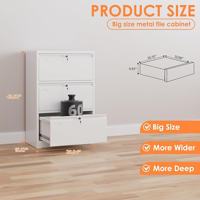 METAN Upgrade Metal 3 Drawer Lateral Files Cabinet for Home Office, Lockable Steel Wide File Storage Cabinet for Hanging Legal/Letter A4 Size, Assembly Required,White
