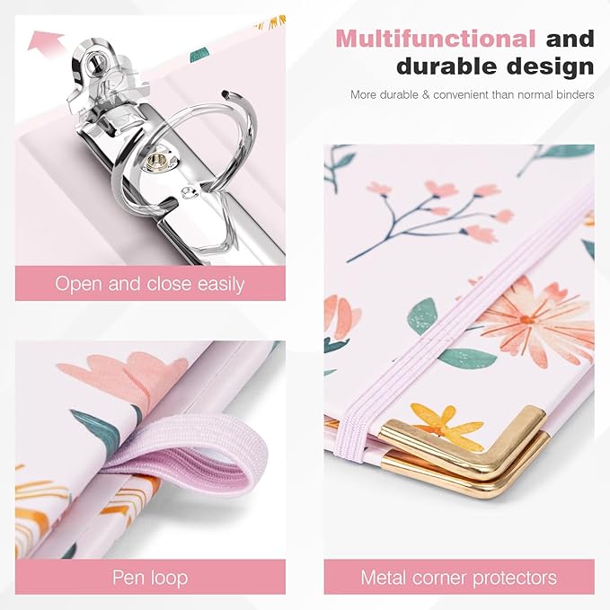 Ospelelf 3 Ring Binder 1 Inch Round Rings, Clipboard Binders for Letter Size Paper with 5 Tab Dividers, for School and Office Supplies, Pink Floral