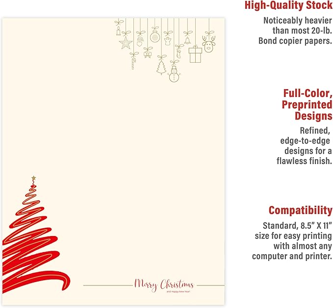 easykart labels Christmas Stationery Paper Letterhead Sheets 60 Pack Holiday Xmas Theme Design For Writing Letters Computer Office Notes & Printing Supplies Size 8.5" X 11"