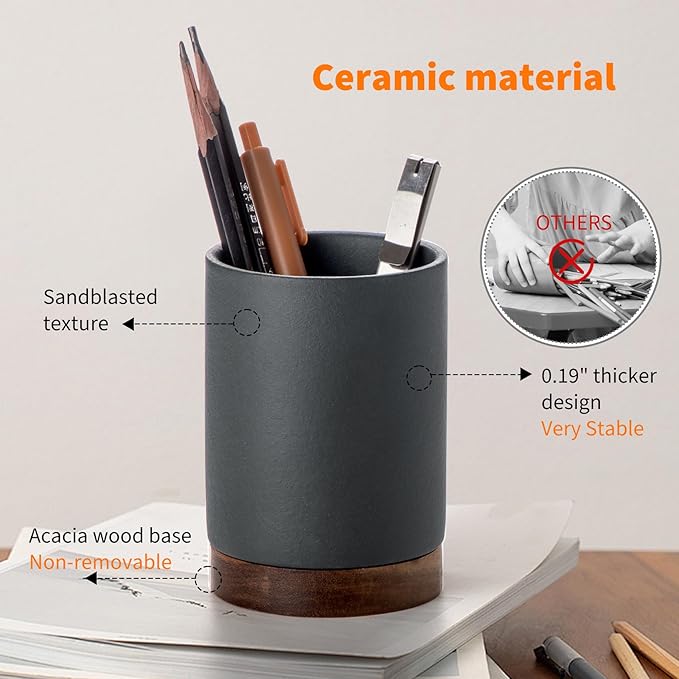 Pen Holder for Desk, Ceramic Pencil Organizer & Makeup Brush Holder, Office Decor and Desk Accessories，Perfect Office Organization,Teacher Supplies (Dark Grey, Set / 2)
