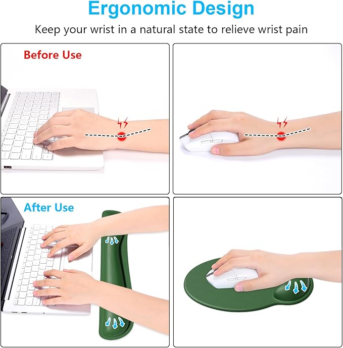 Dapesuom Keyboard Wrist Rest and Mouse Pad with Wrist Support, Cute Memory Foam Cushion for Keyboard and Mouse Set, Ergonomic Pad Rests with Non Slip Base for Easy Typing & Pain Relief, Forest Green