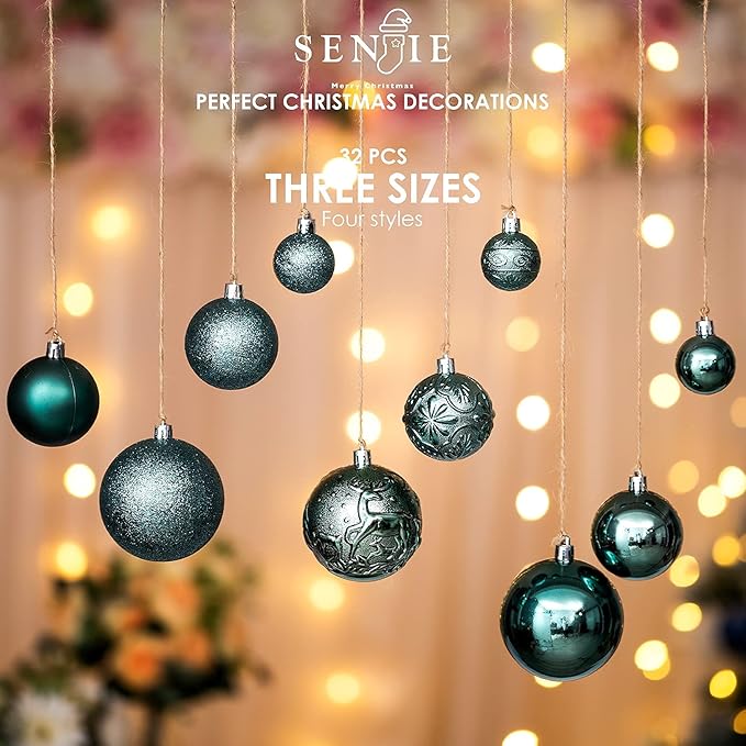 Senjie Green Shatterproof Christmas Ball Ornaments, 32 Pcs, Plastic, Wedding & Christmas, Hanging