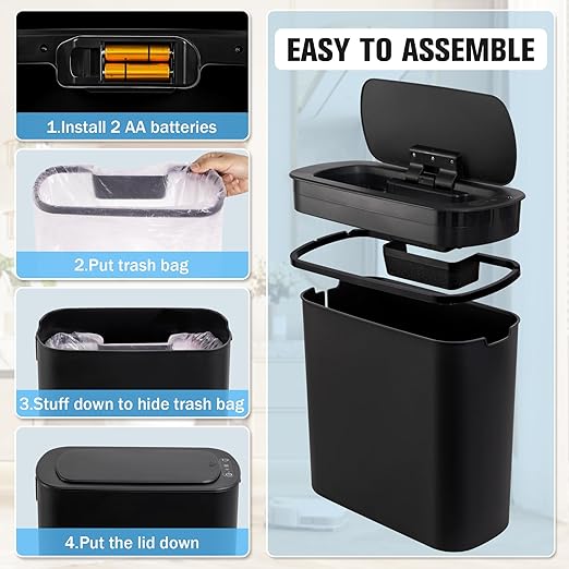 Cesun Motion Sensor Trash Can, 5 Gallon Automatic Bathroom Garbage Can with Lid, Touchless Smart Plastic Slim Wastebasket for Bathroom, Office, rv, Bedroom, Living Room, Black