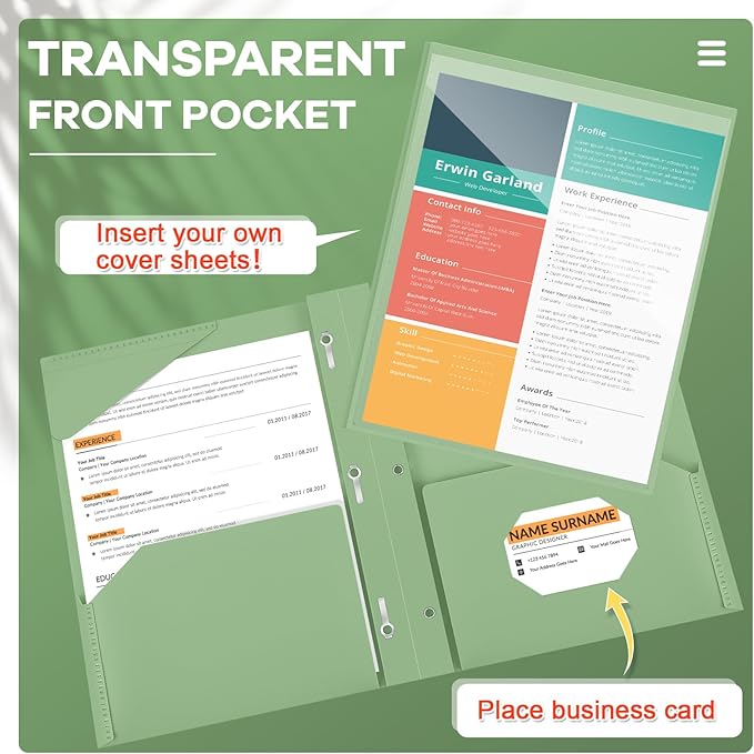 Henoyso 48 Pcs Plastic Folder with Clear Front Pocket and 3 Prongs Heavy Duty Plastic Folders with Card Slot Pocket Folders with Prongs for School Office Home(Sage Green)