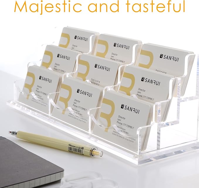 SANRUI Clear Horizontal Business Card Holder Stand for Desk, Acrylic Desktop Display Name Cards Holders Organizer Storage Rack,for Exhibition, Home , Office ,3 Tier 9 Pocket , 540 Card Capacity