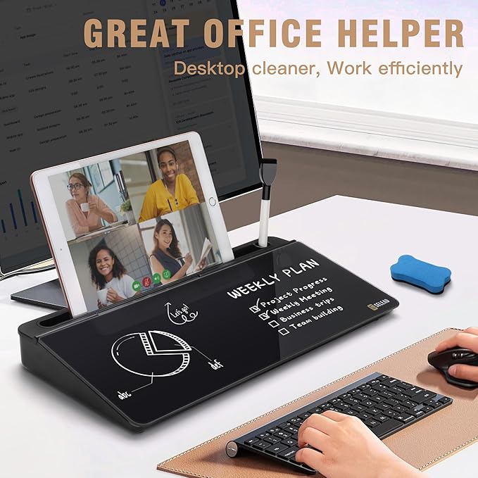 SELEAD Desktop Glass Whiteboard with Organizer, Markers, Eraser - Dry Erase Board Computer Pad Keyboard Stand with Drawer and Holder for Home, School, Office - Black