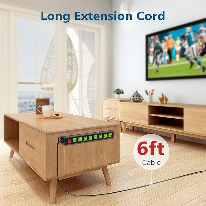 Metal 8 Outlet Mountable Power Strip, Wall Mount Outlet Heavy Duty, Commercial Shop Power Strip with Switch, 15A 125V 1875W, 300J (Green 6FT)