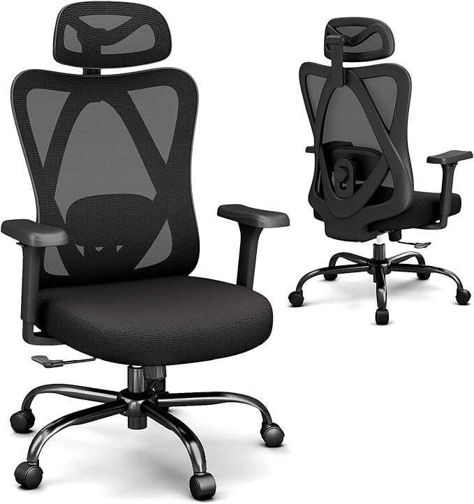 Ergonomic Office Chairs with Adjustable Headrest and Lumbar Support, High Back Mesh Home Computer Desk Chairs with 3D Armrest, 360° Swivel Wheels and Rocking Function, Black