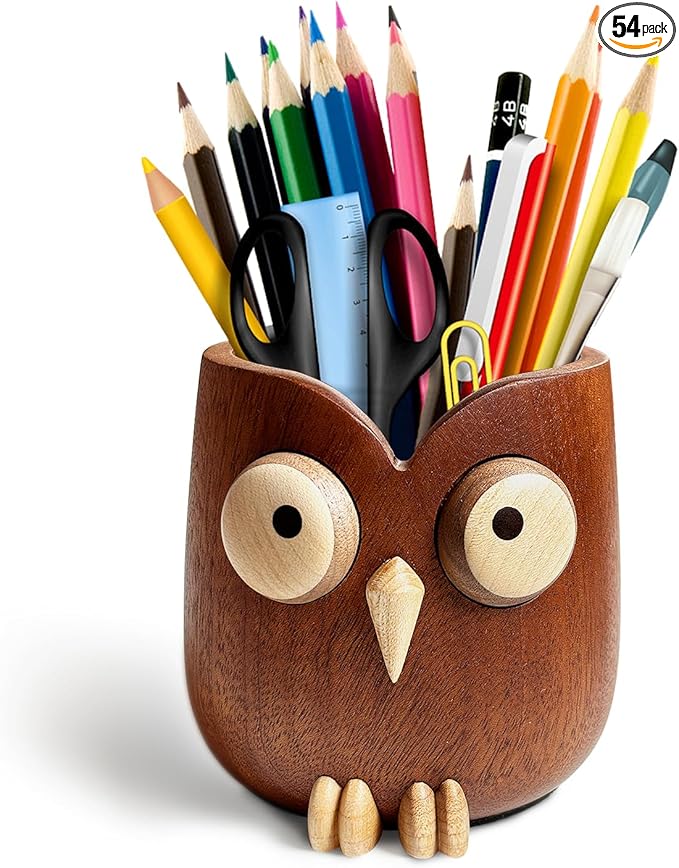 Cute owl pen holder Desk Organizer Decoration Pencil Holder Stand pen holder for desk Magnetic rotating eyes Ebony whole wood carving for office school Home office accessories gifts (dark brown)