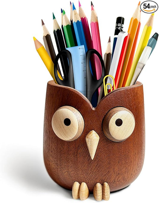 Cute owl pen holder Desk Organizer Decoration Pencil Holder Stand pen holder for desk Magnetic rotating eyes Ebony whole wood carving for office school Home office accessories gifts (dark brown)