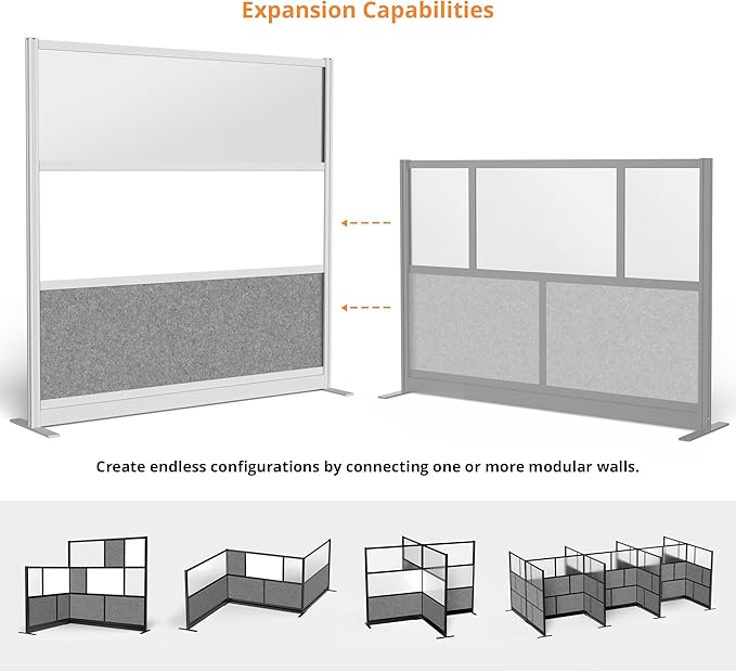Stand Up Desk Store Workflow Modular Wall | 70'' x 70'' Wall | Expandable Partition Room Divider with Rearrangeable Frosted Acrylic, Sound Absorbent and Whiteboard Wide Panels (Black Frame)