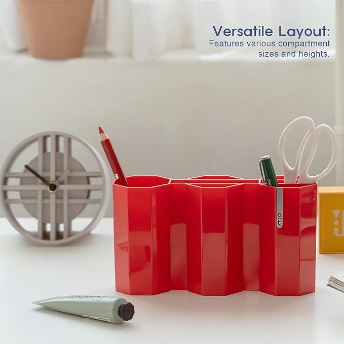 AonT Design Small Desk Organizer - Red Pen Tray & Holder (Multi-Compartment) (Made in Korea) – Modern Office Storage Supplies Organizer and Aesthetic Decor for Accessories