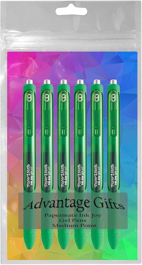 Paper Mate InkJoy Gel Pens, Green Ink, Medium Point (0.7mm), 6 Count, Bundle with Plastic Reusable Pouch