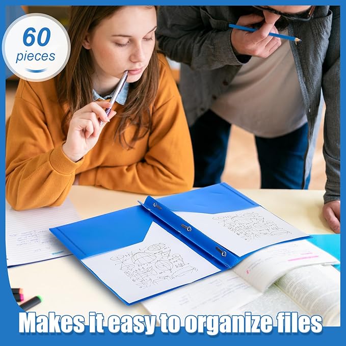 Yeaqee 60 Pcs Plastic Folders with Pockets and Prong Plastic Folders with 2 Pockets Pocket for Office, School for Students, Teachers, Office Workers (Blue)