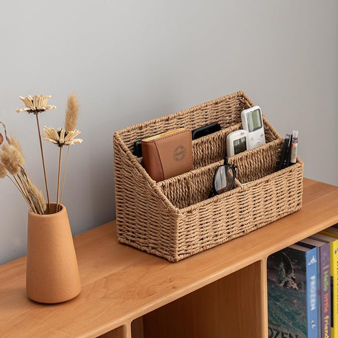 Woven Divided Storage Basket Desk Organizer Tabletop Mail Holder Countertop Paper Woven Basket Home Office Supplies (4 Compartments)