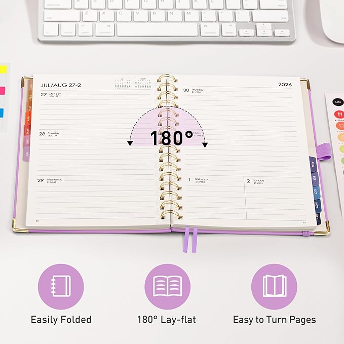 RETTACY 2026 Planner, Weekly and Monthly, Medium Size (5.7" x 8.3"), Jan - Dec 2026, Agenda, Calendar, 12 Month Tabs, Hardcover, 100 GSM Thick Paper, Spiral-bound (Lilac)