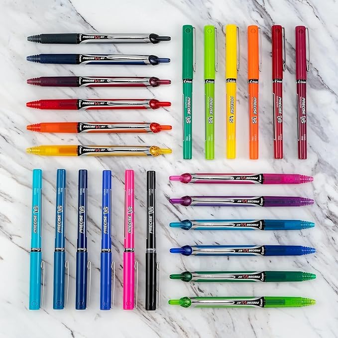 Precise V5 Stick Rolling Ball Pens, Extra Fine Point (.5mm), Assorted Colors Black/Blue/Red Ink, 6-pk; Bundle with Plastic Reusable Pouch