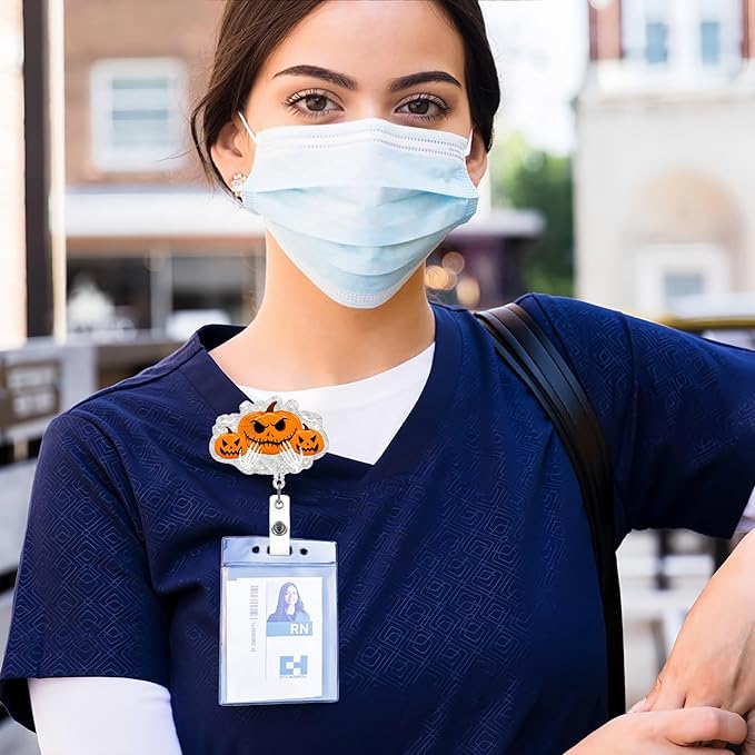 Halloween Pumpkin Badge Reel Cute Glitter Badge Holder Badge Clip Nurse Badge Reel Halloween Handbone Retractable Name Badge Name Tag Holder Nursing Student Social Worker Gift for Coworker