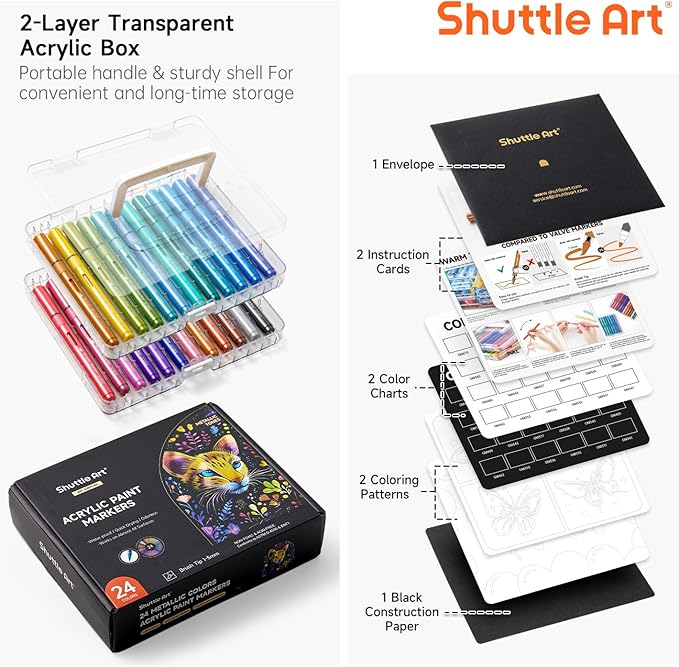 Automatic Ink Control Acrylic Paint Markers, Shuttle Art 24 Metallic Colors Brush Tip Acrylic Paint Pens for Rock Painting, Ceramic, Wood, Canvas, Glass, Stone, Fabric, Card Making, DIY & Art Supplies