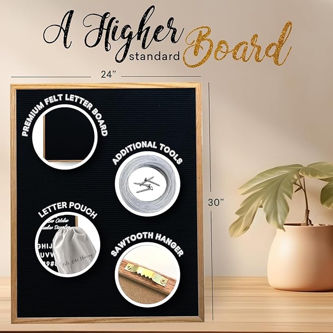 Felt Like Sharing Large Letter Board (Black Felt - 24”x30”) – Changeable Message Board with 3 Sets of Felt Board Letters – Statement Wall Sign for Quotes, Home or Holiday Decor In Oak Frame