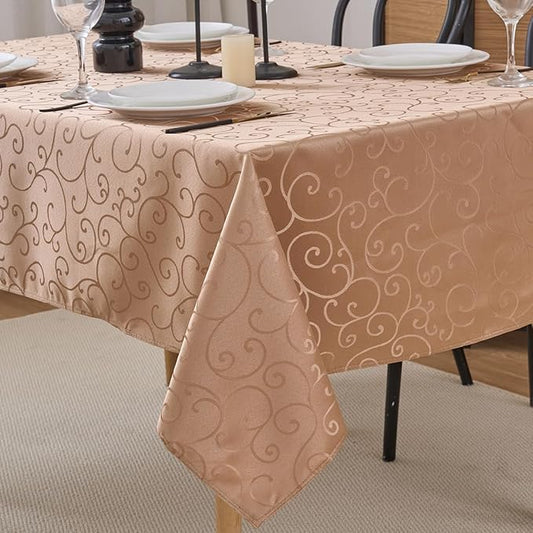 Romanvicky Christmas Jacquard Tablecloth Gold Floral Pattern Rectangle Table Cloth Spill Proof Wrinkle Resistant Polyester Table Cover for Party, Holiday, Thanksgiving Decoration, 52 x 70 Inch